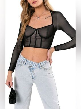 Edikted Women’s Black Megan Mesh Corset Crop Top, Size Medium